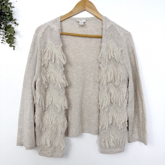 Chico's Sweaters - Chicos Linen Blend Cardigan Tan Fringe Boho Open Front